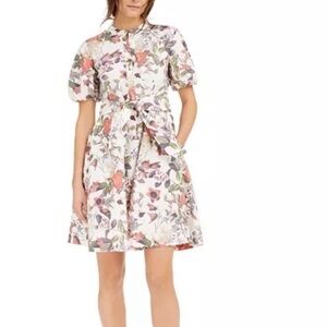 INC Floral Cotton Midi Short Sleeve Dress Tie At Waist Womens Size Mediulm